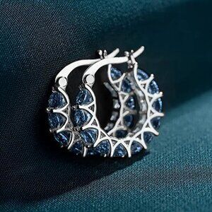 Huggie Hoop MAJOR BLING Earrings #1422 silver tone blue stone